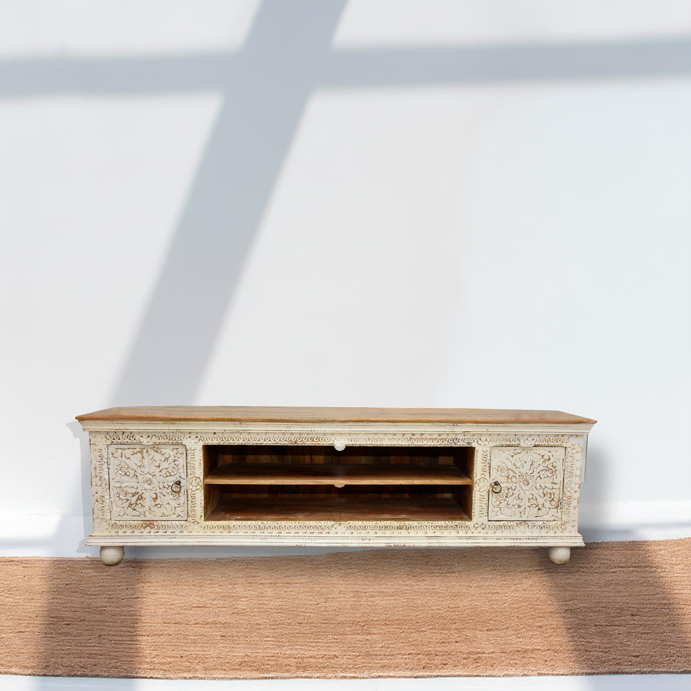 Low carved wooden TV console table with rustic white finish