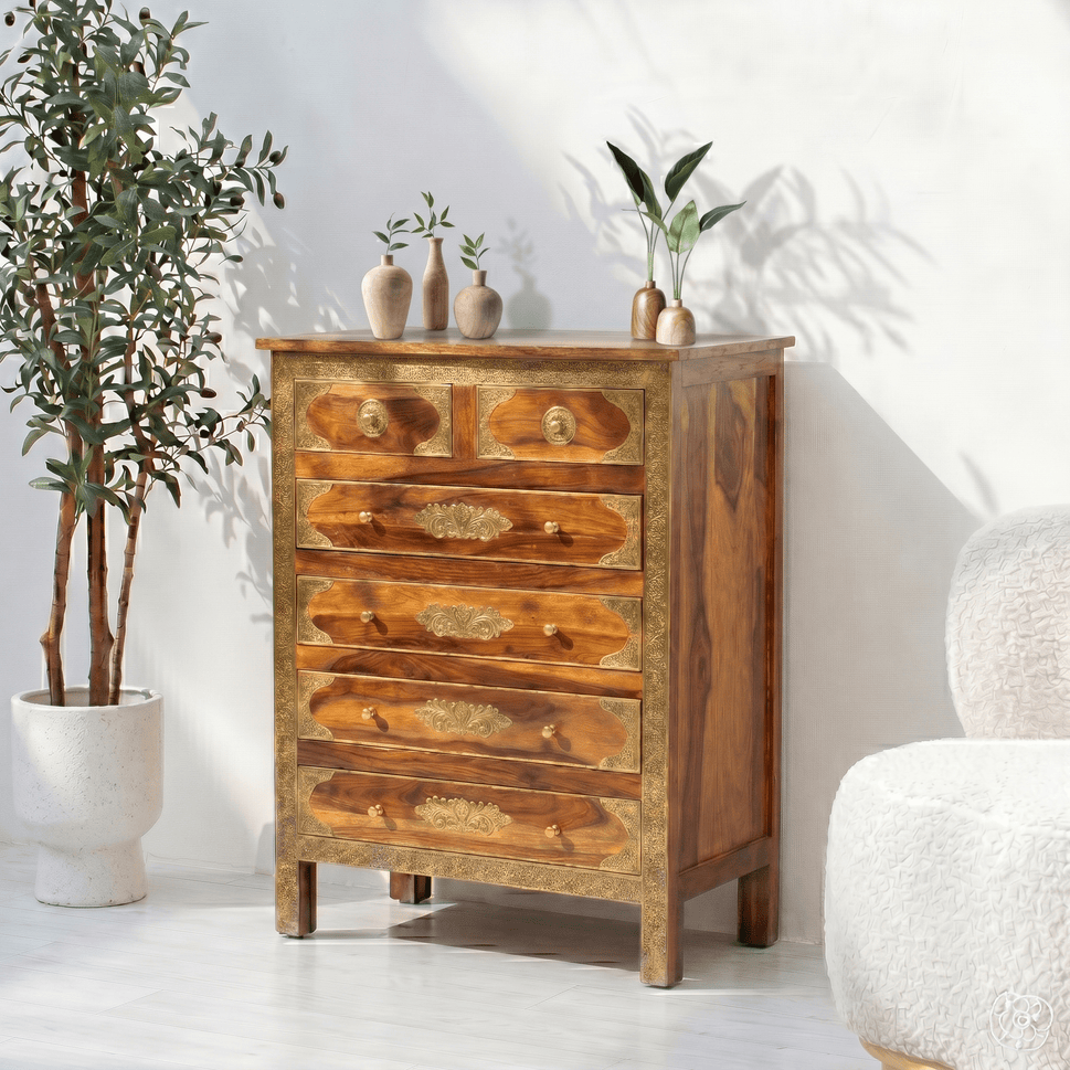 Handcrafted mango wood chest of drawers with brass embossing inlay work