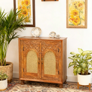 purewcood cane work sideboard with hand carving work