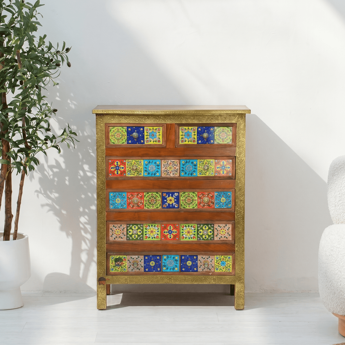 Wooden handicrafted chest of drawer with ceramics tiles | Marrakech Drawer Chest