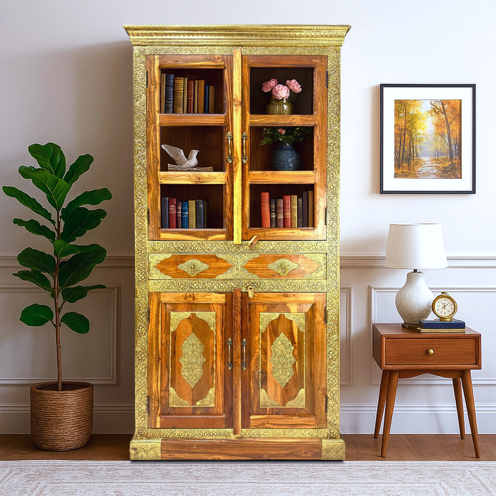 Sheesham wood book shelf with brass work with 2 drawer