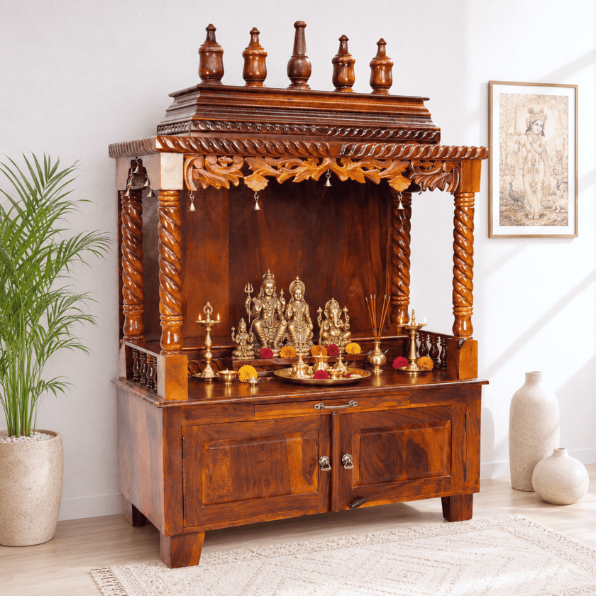 Solid wood home temple UAE,Sheesham wood mandir cupboard Dubai,Home pooja unit large size Sharjah,