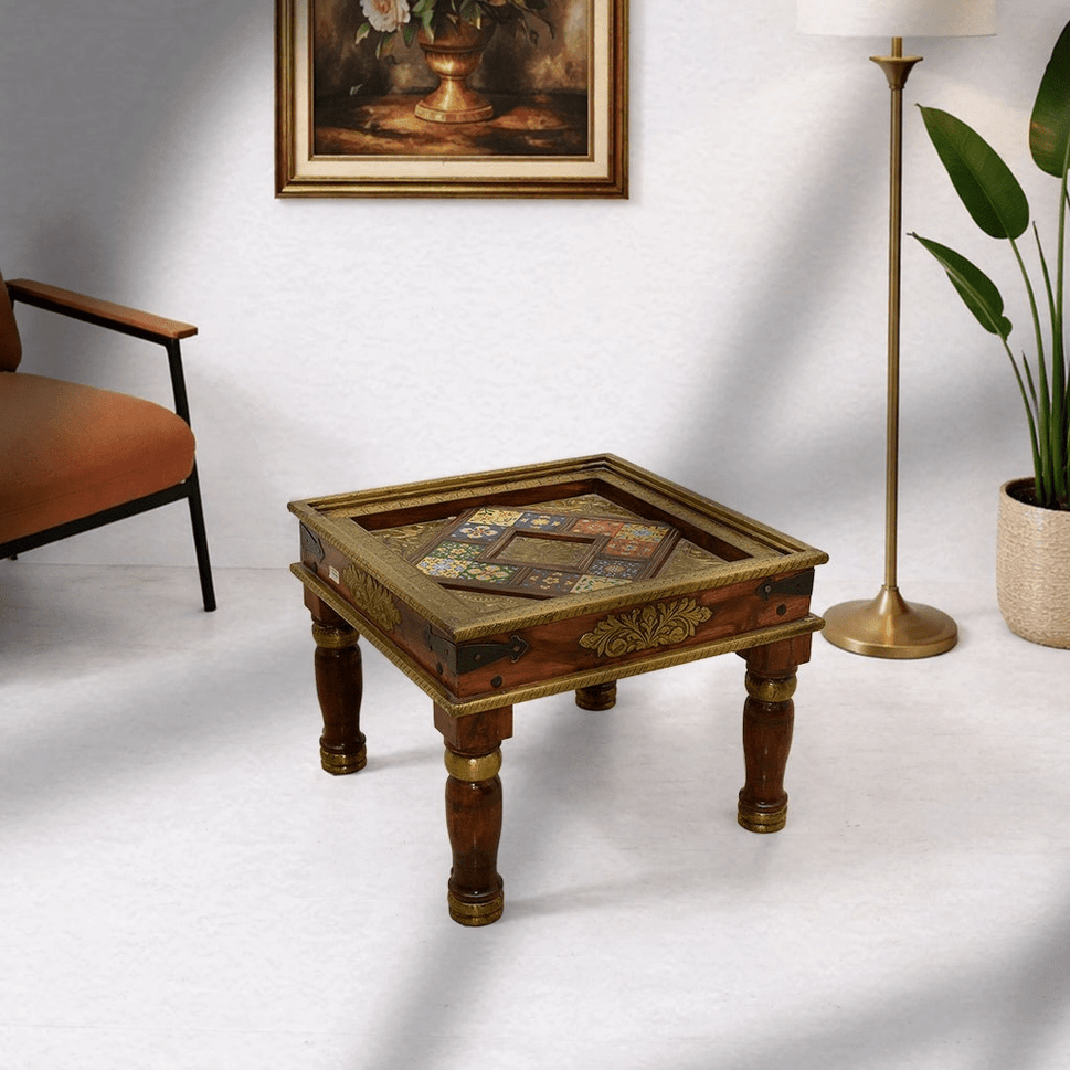 Solid Wood Sheesham Side Table with Brass Work | Luxury Sheesham Table UAE