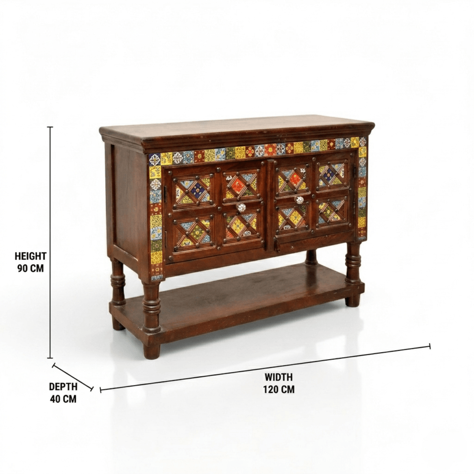 Bohemian Moroccan Tile Inlay Sideboard Cabinet UAE Sheesham Wood