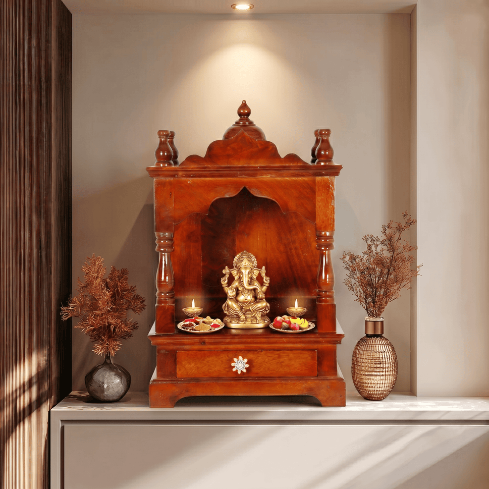 Divine Wooden Home Temple with Traditional Arch Design