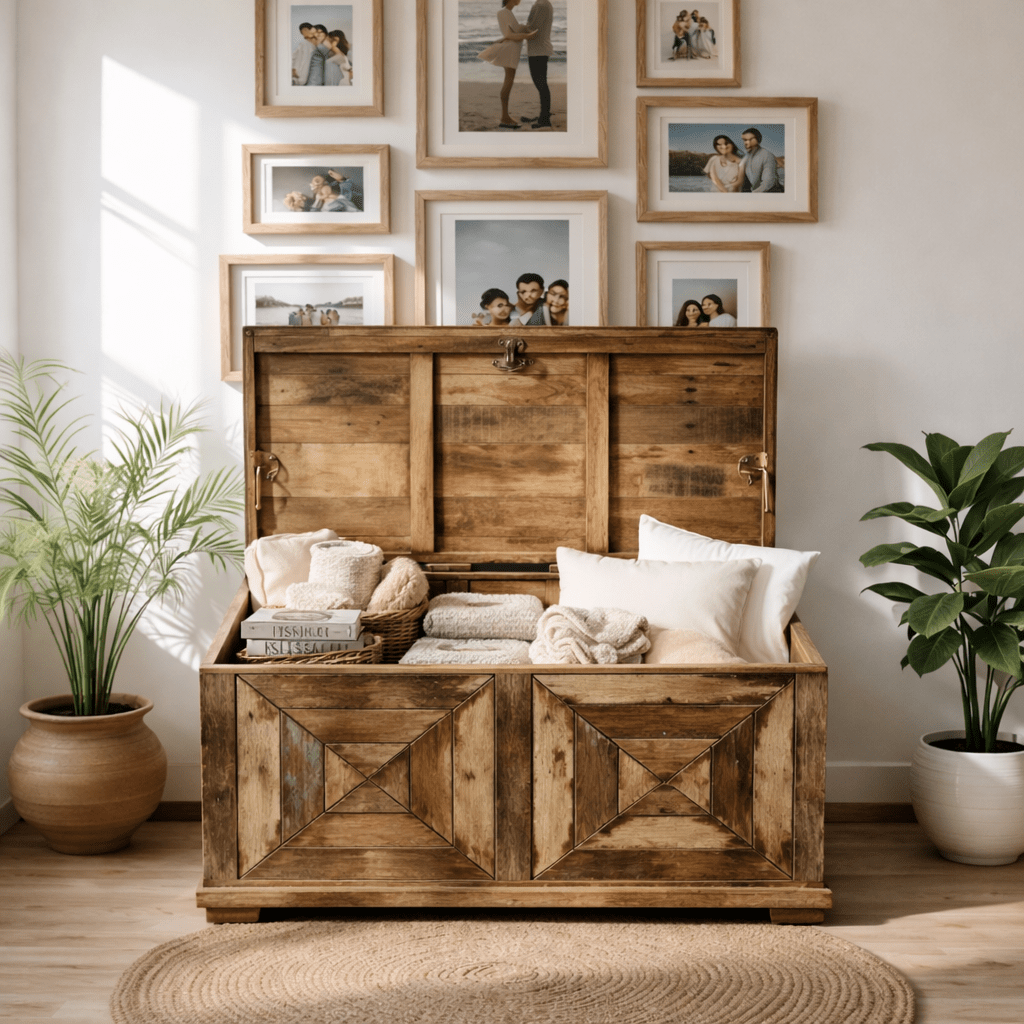 Wooden real antique storage trunk with rustic finish