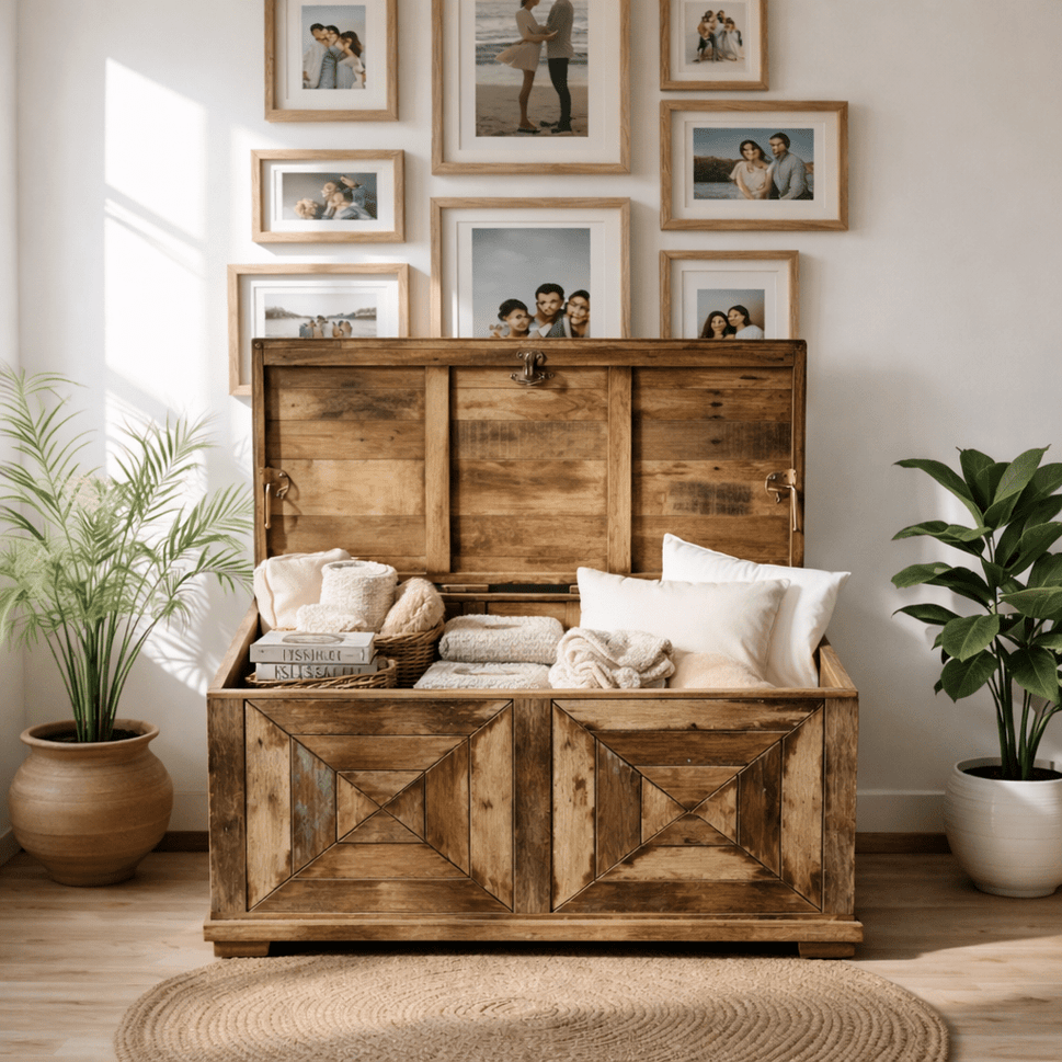 Wooden real antique storage trunk with rustic finish