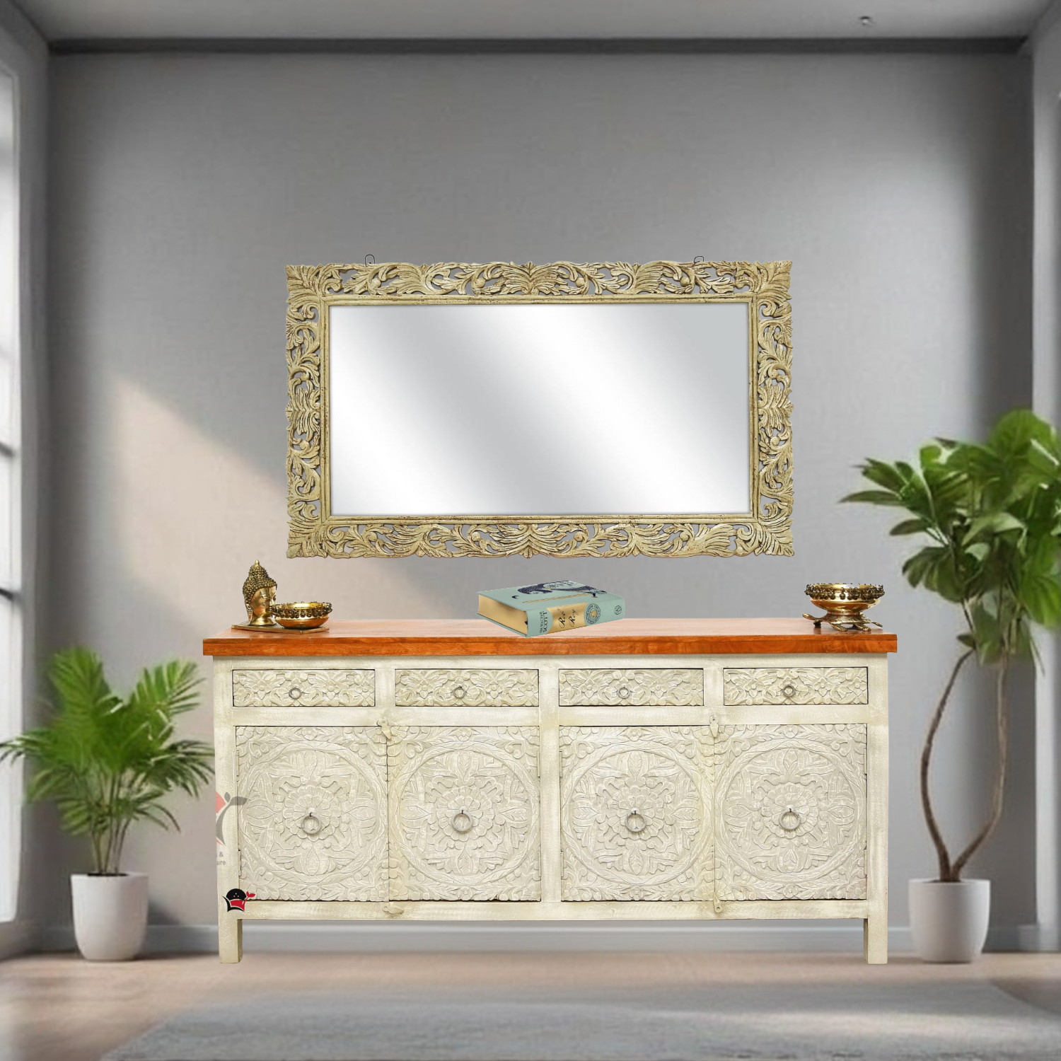 Pure wood sideboard with hand carving with white finish