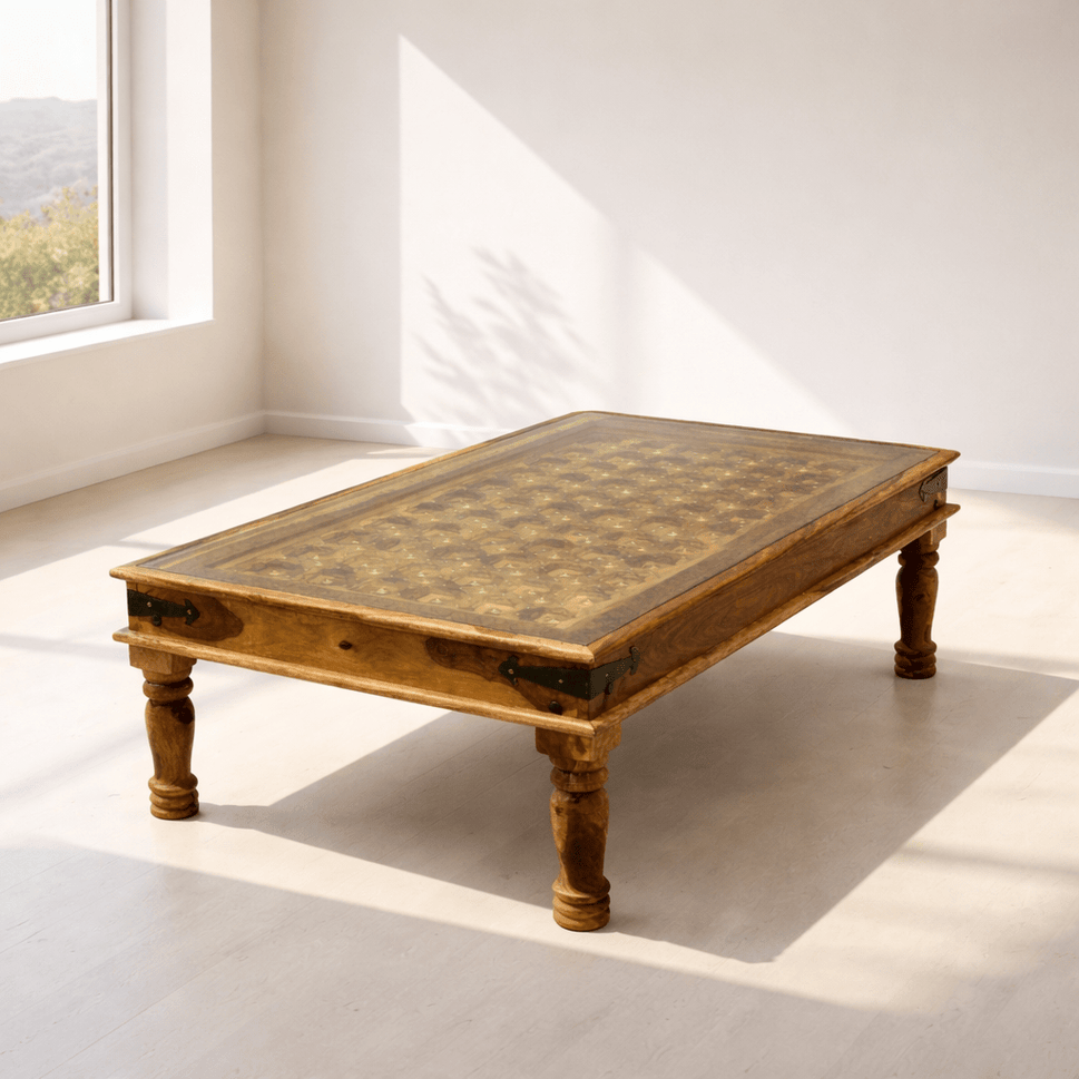 Handicrafted solid wood coffee & side table with brass inlay top | Dubai UAE