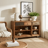 The Verona Reclaimed Wood Vintage Industrial console with open storage unit