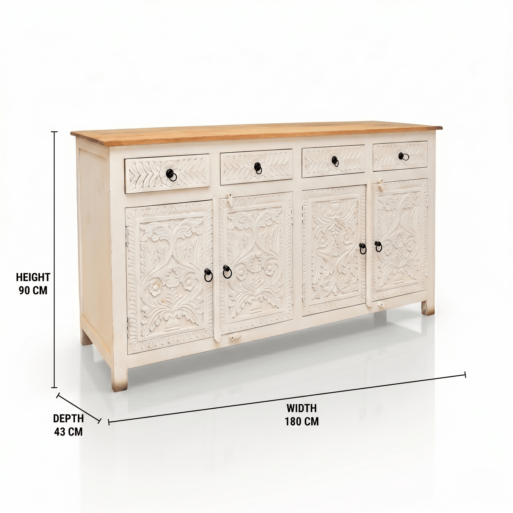 Elysia White Hand-Carved Sideboard cabinet – 4 Door 4 Drawer Storage Console