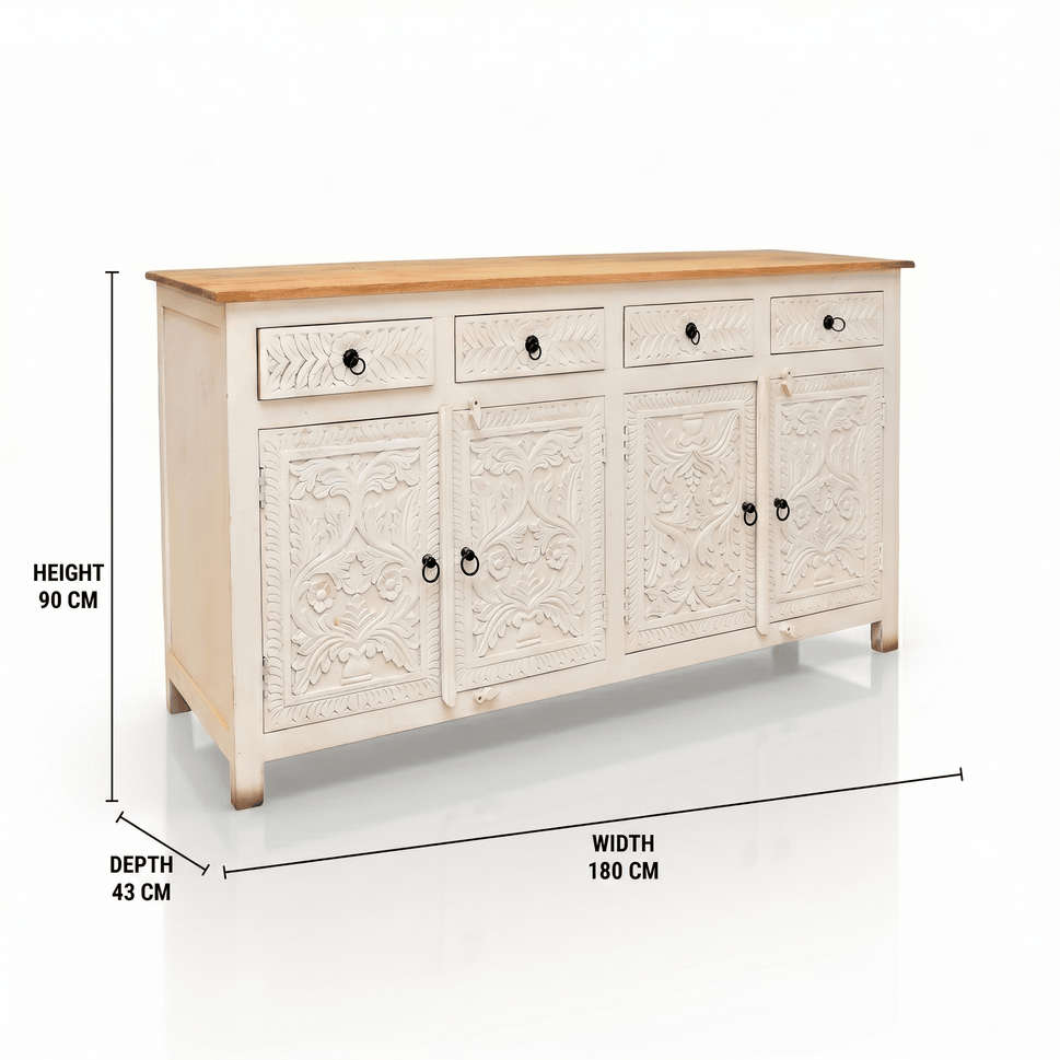 Elysia White Hand-Carved Sideboard cabinet – 4 Door 4 Drawer Storage Console