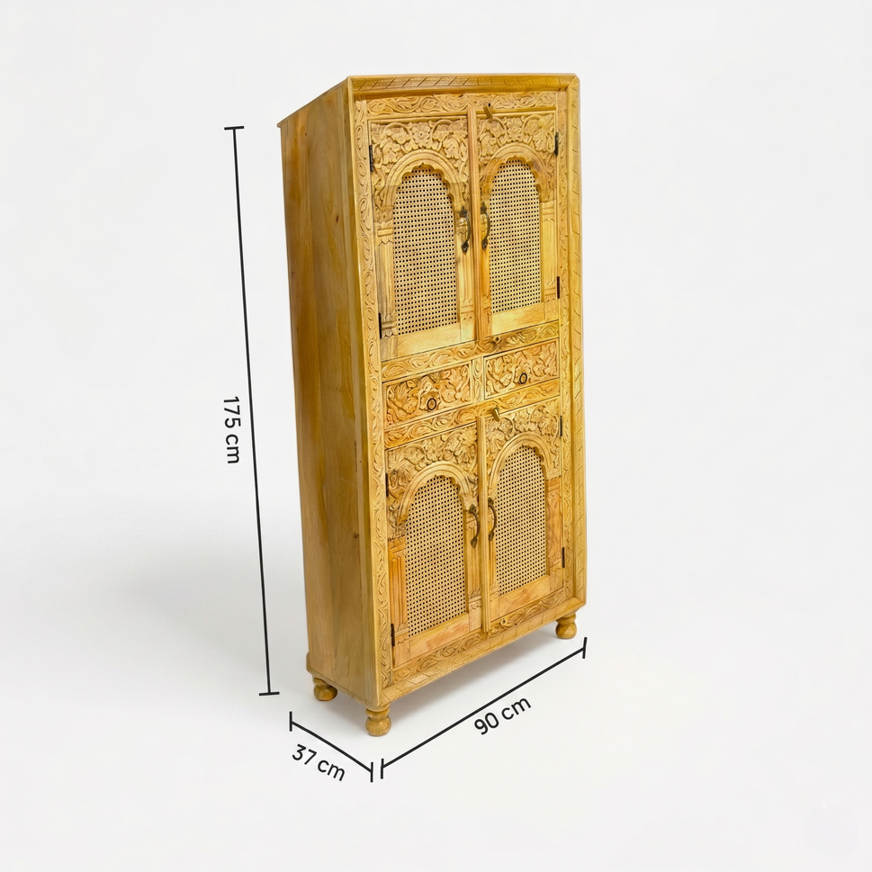 Hardwooden rattan cupboard with hand carving with natural wood finish