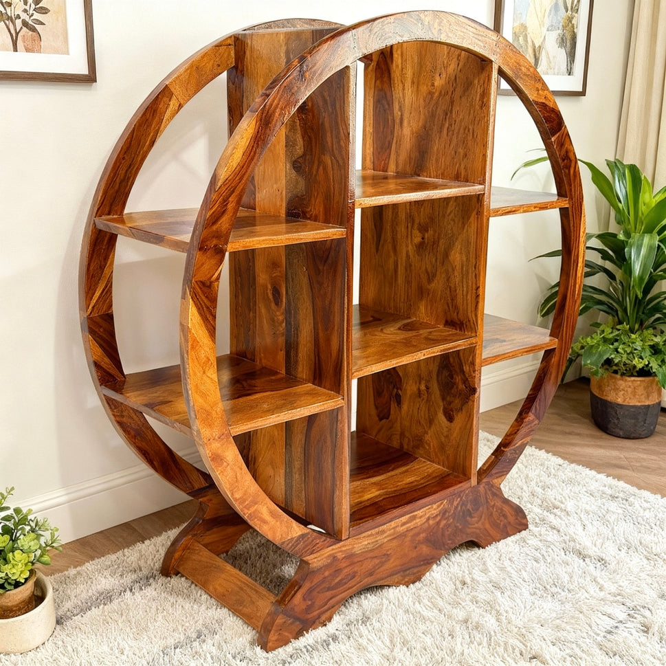 Hardwood round bookcase with wood color finish