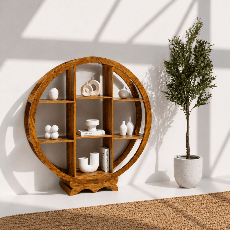 Hardwood round bookcase with wood color finish