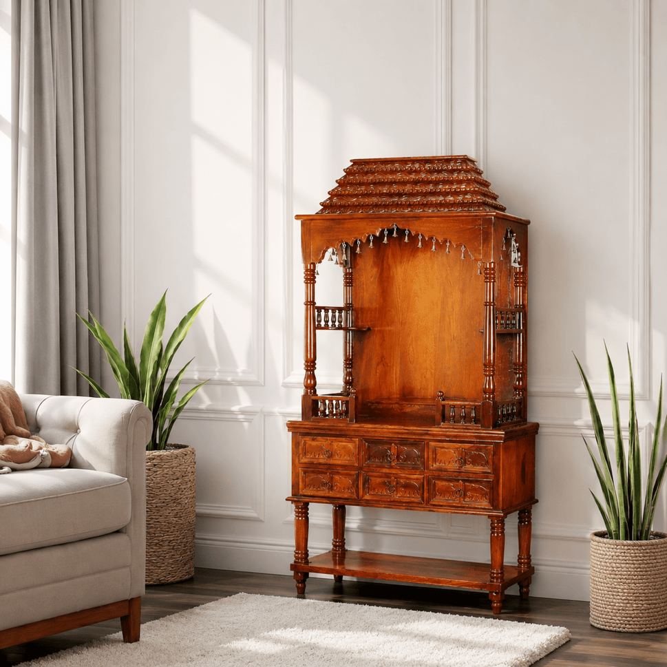 Divine Heritage with drawers Prayer Cabinet with honey finish