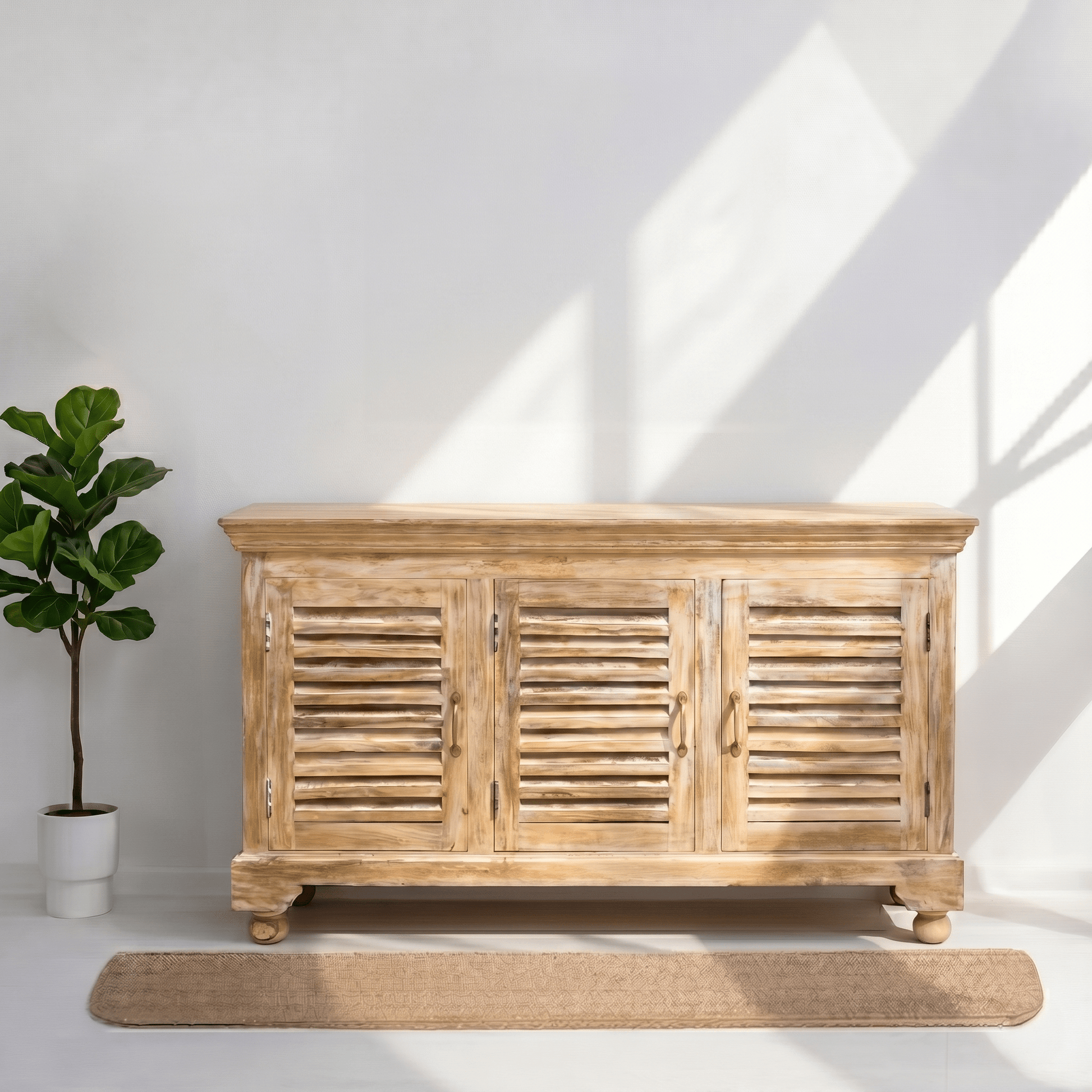 Farmhouse solid wood sideboard cabinet with louvered doors - rustic buffet console