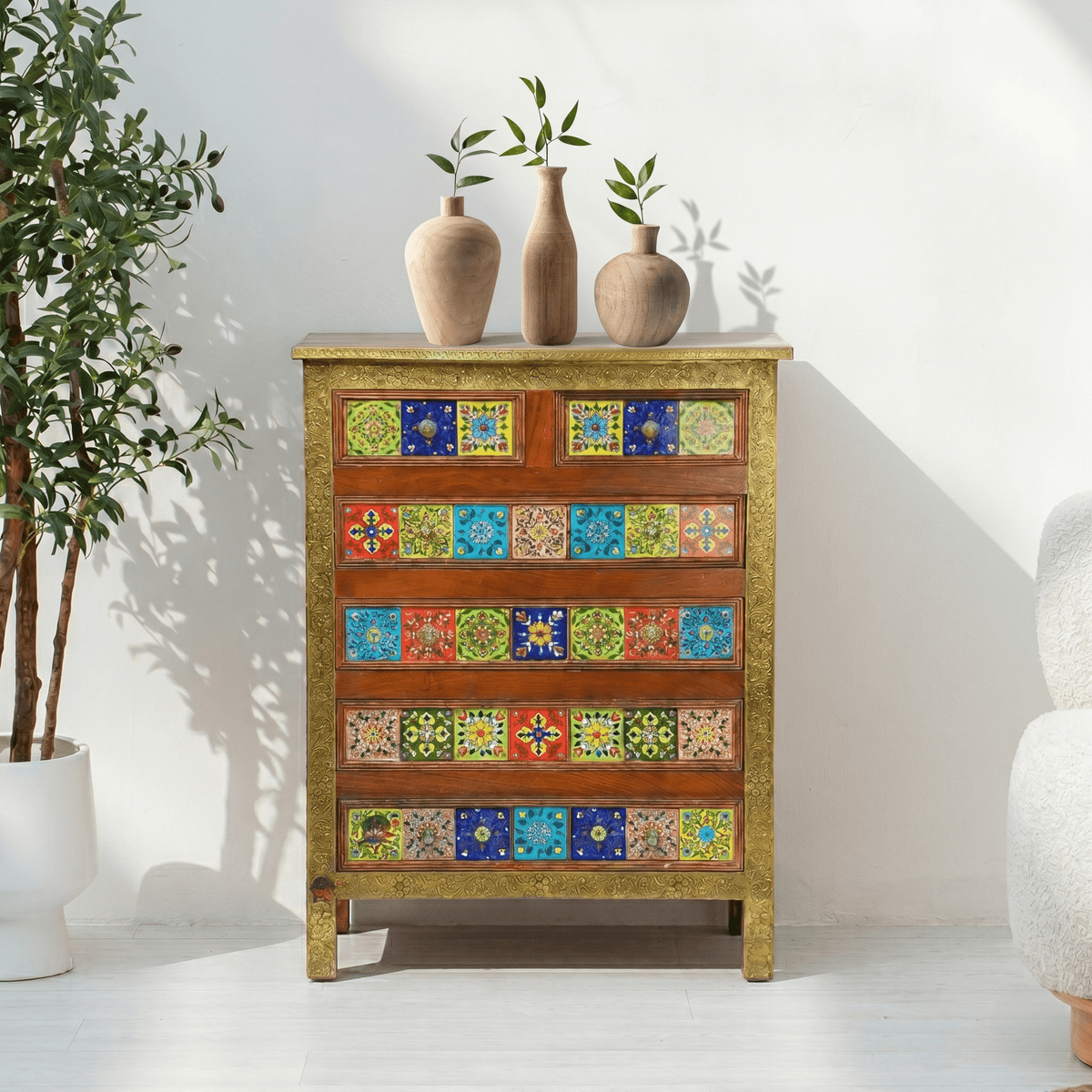 Wooden handicrafted chest of drawer with ceramics tiles | Marrakech Drawer Chest
