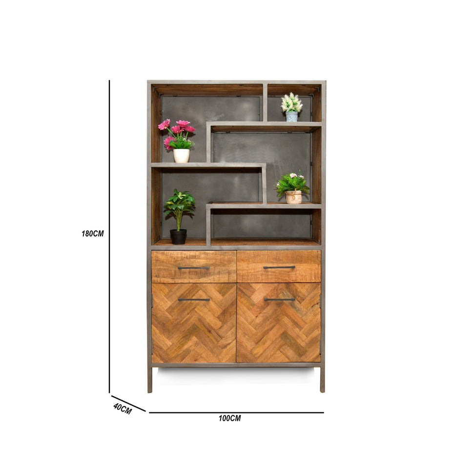 Wooden & metal display shelf with 2 drawer with 2 doors cabinet