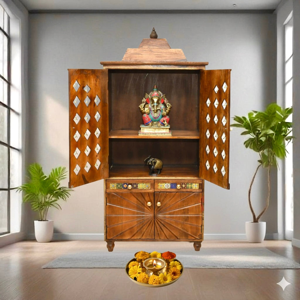 Wooden pooja mandir with drawer
Indian handcrafted temple in Dubai
Wooden mandir for home decor
Wall pooja temple for apartments
Natural finish wooden pooja mandir
Sheesham wood handmade temple UAE
