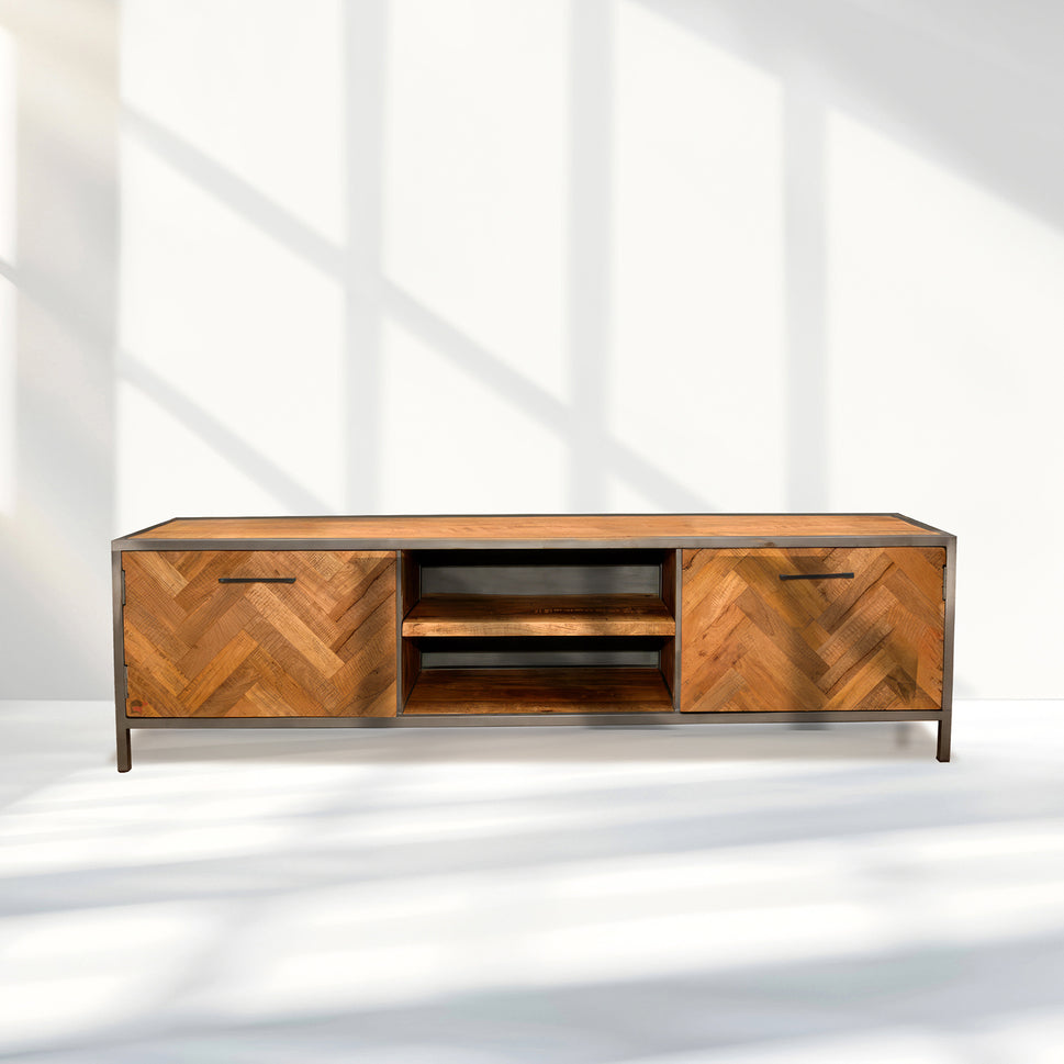Chevron design TV console table with Orignal wood finish