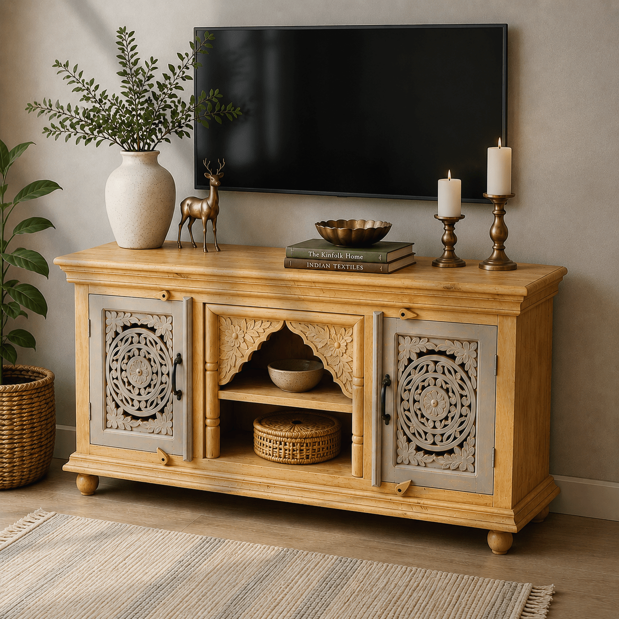 Elegant Wooden TV Stand with Carved Doors & Shelves UAE | Dubai