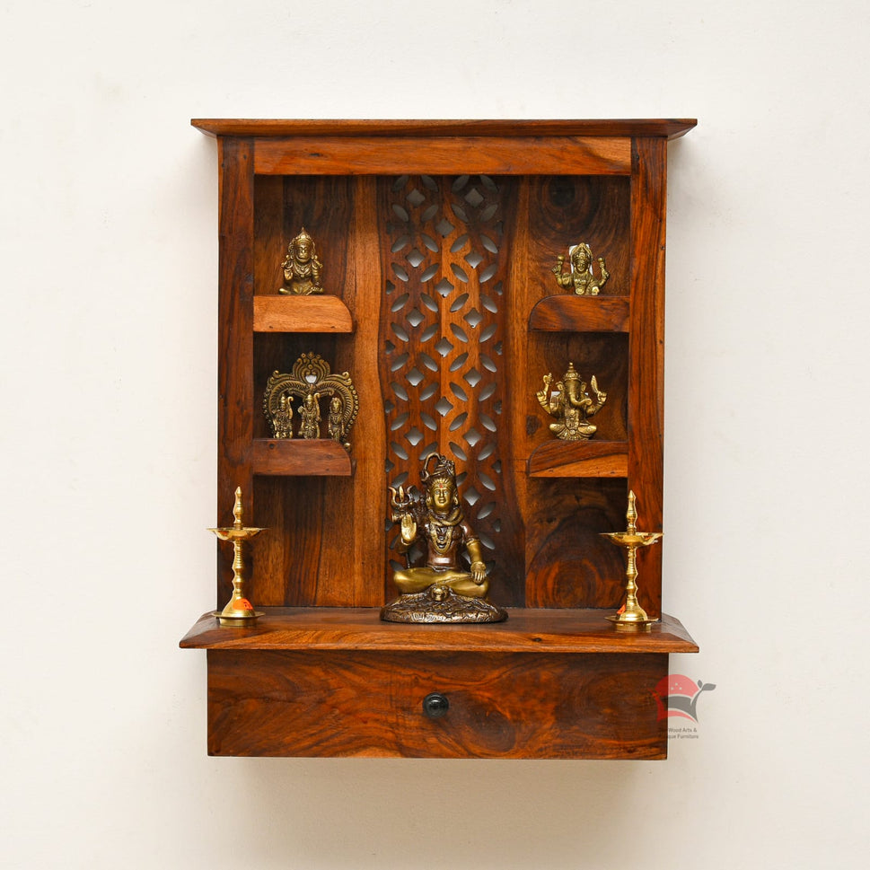 Wall hanging Pooja Mandir with natural wood finish