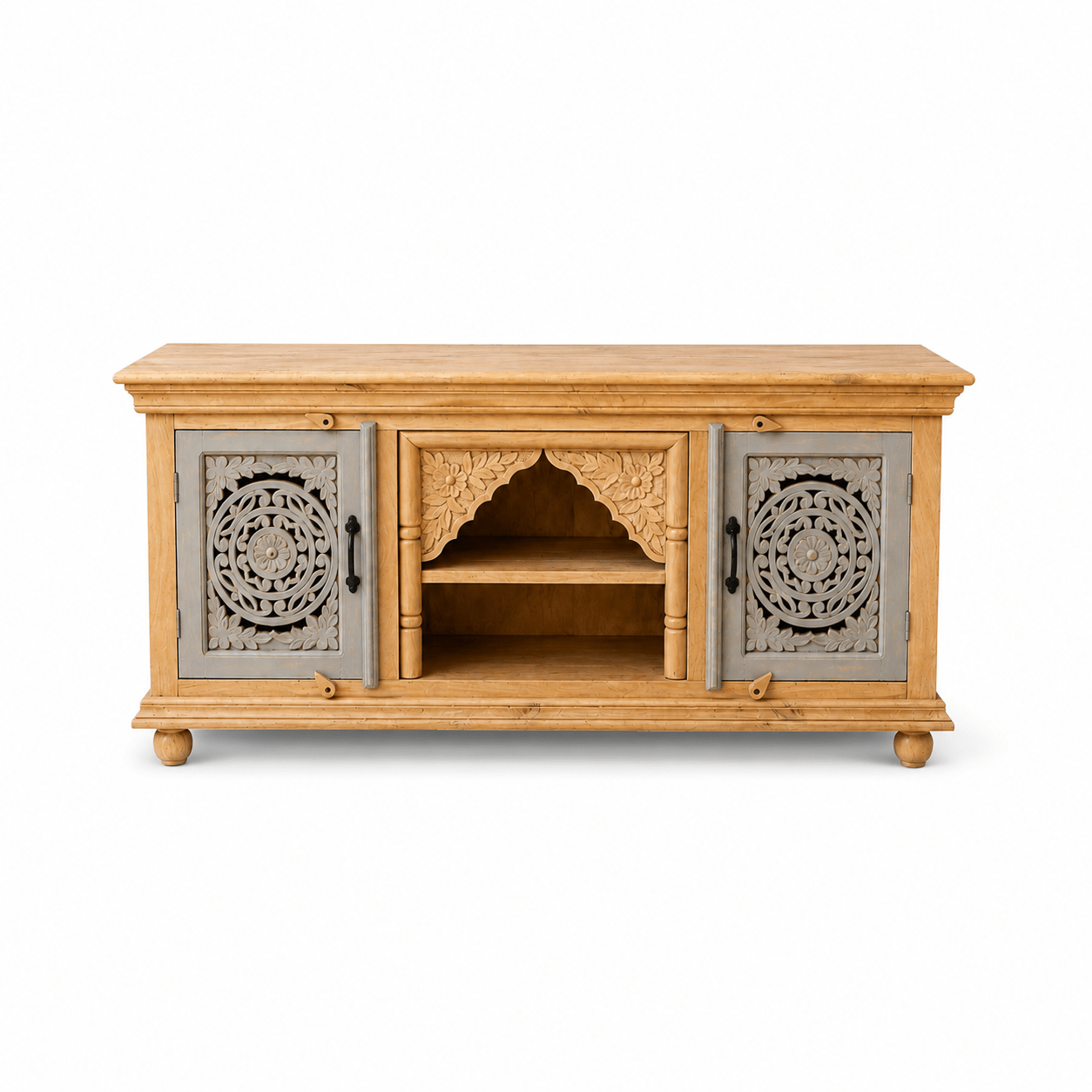 Elegant Wooden TV Stand with Carved Doors & Shelves UAE | Dubai