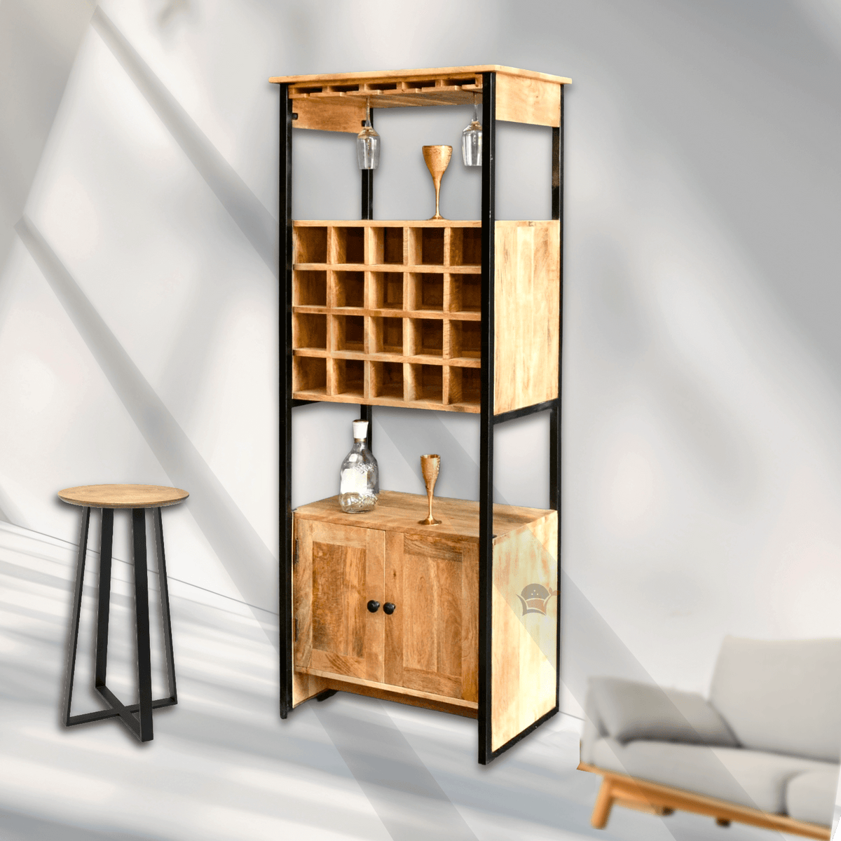 Wooden natural mango wood bar rack with 2 door drawer