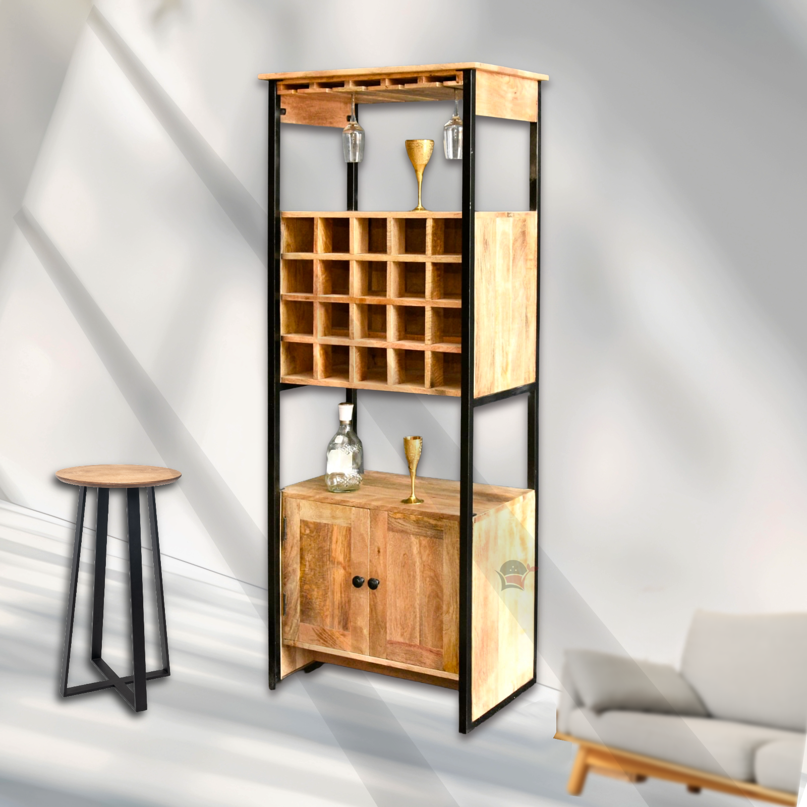 Wooden natural mango wood bar cabinet with 2 door drawer