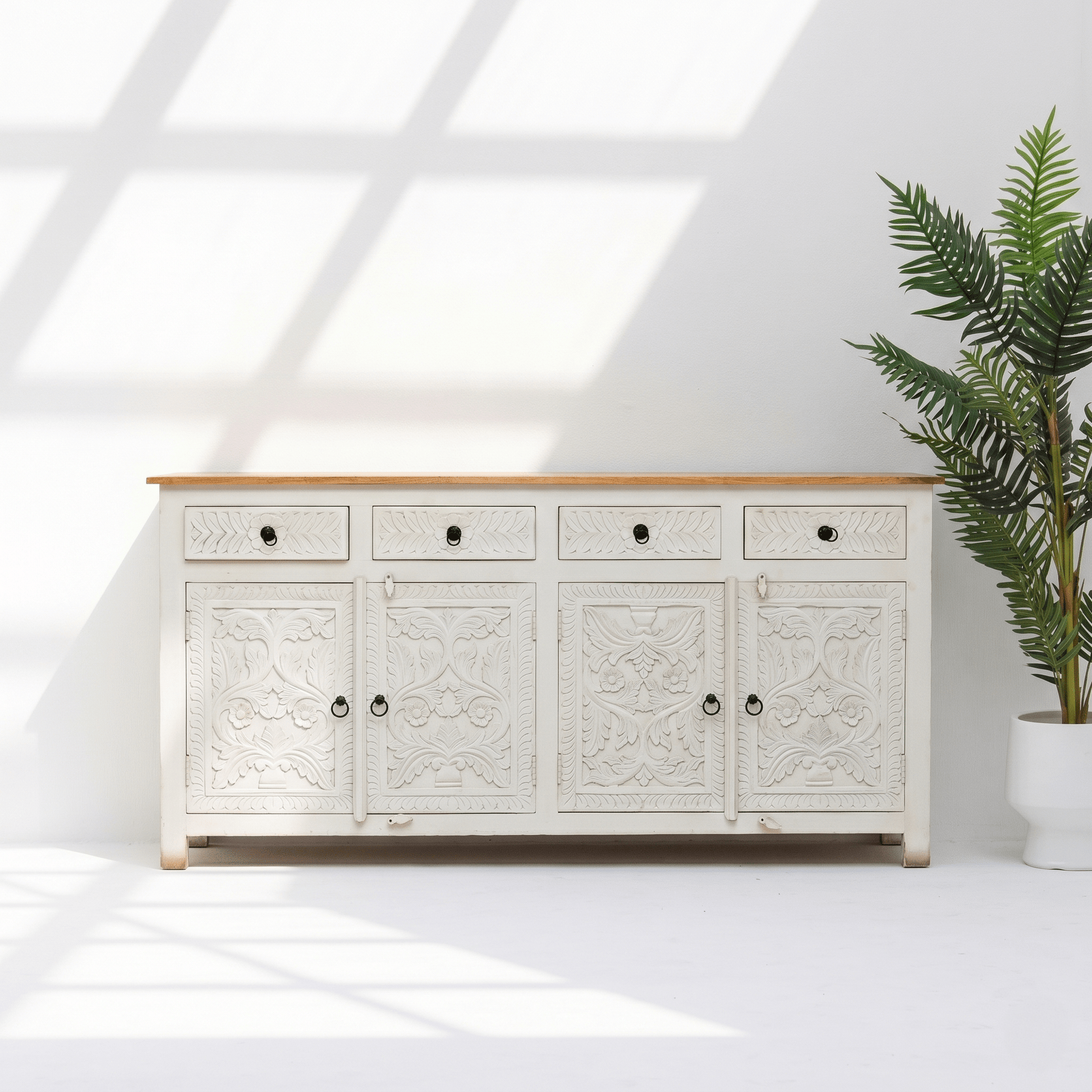 Elysia White Hand-Carved Sideboard cabinet – 4 Door 4 Drawer Storage Console