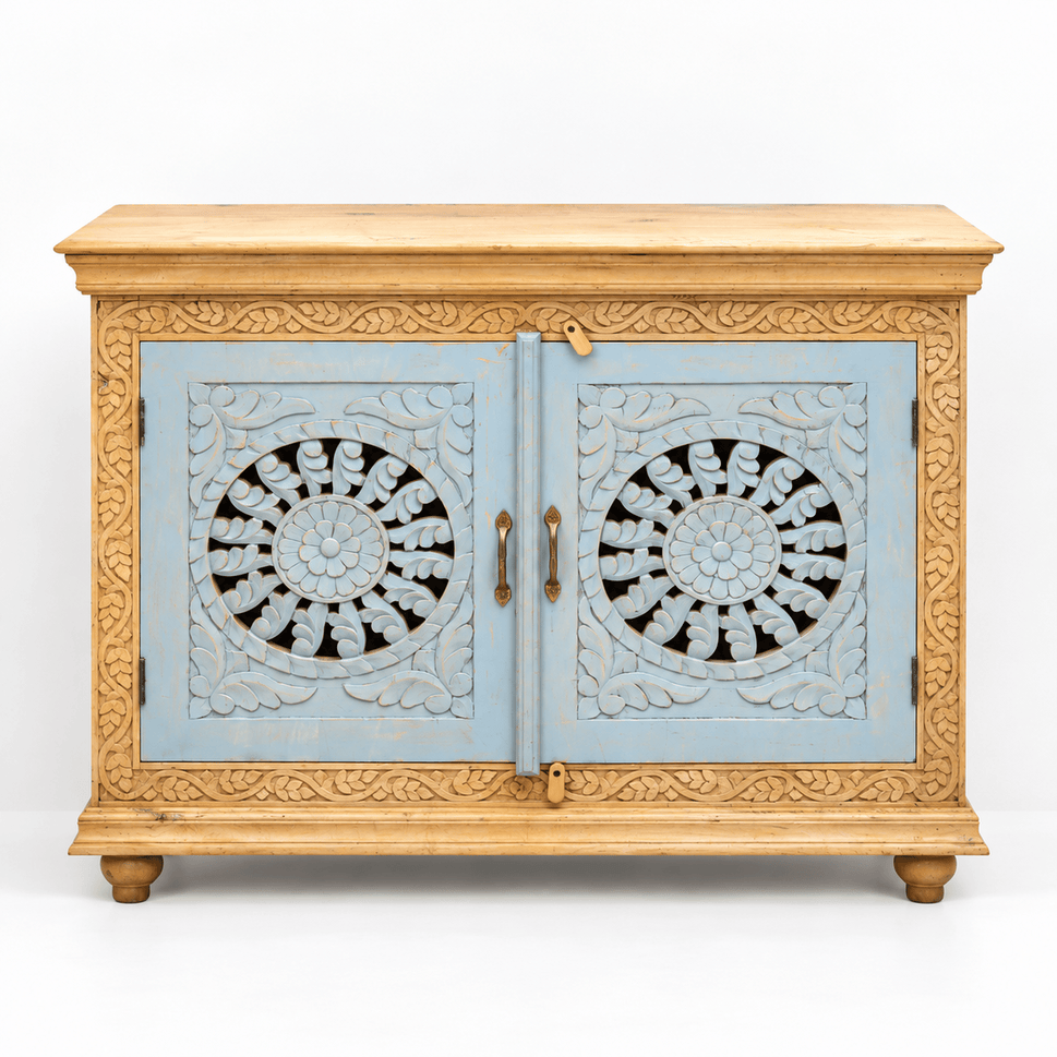 Unique Hand-Carved Mango Wood Sideboard for Villas and Homes