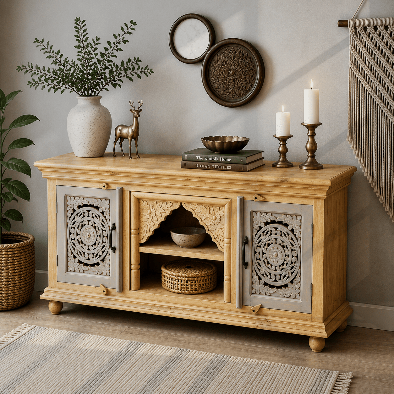 Elegant Wooden TV Stand with Carved Doors & Shelves UAE | Dubai