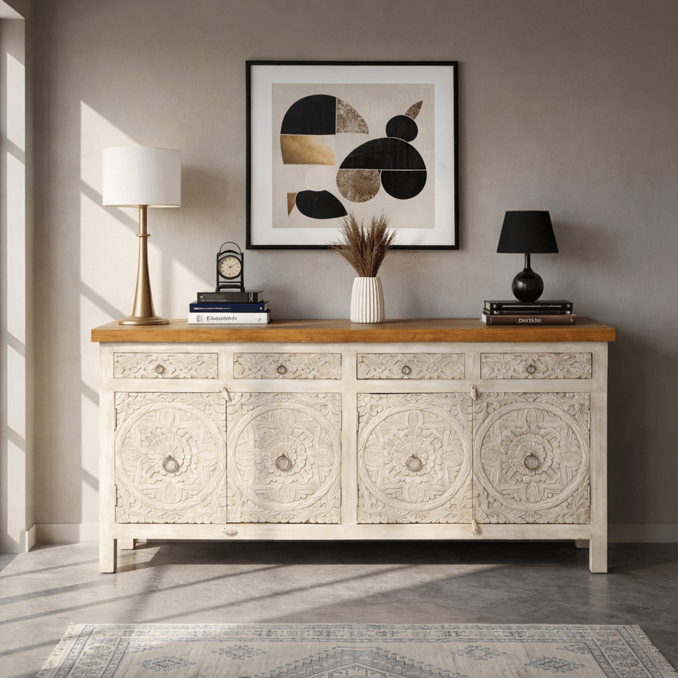 Boho Chic White Sideboard with Floral Medallion Doors