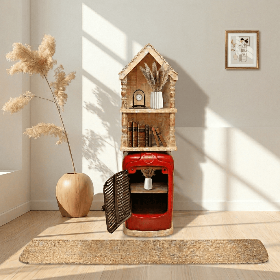 Decorative Vintage Red Tractor Cabinet with Wooden House Top