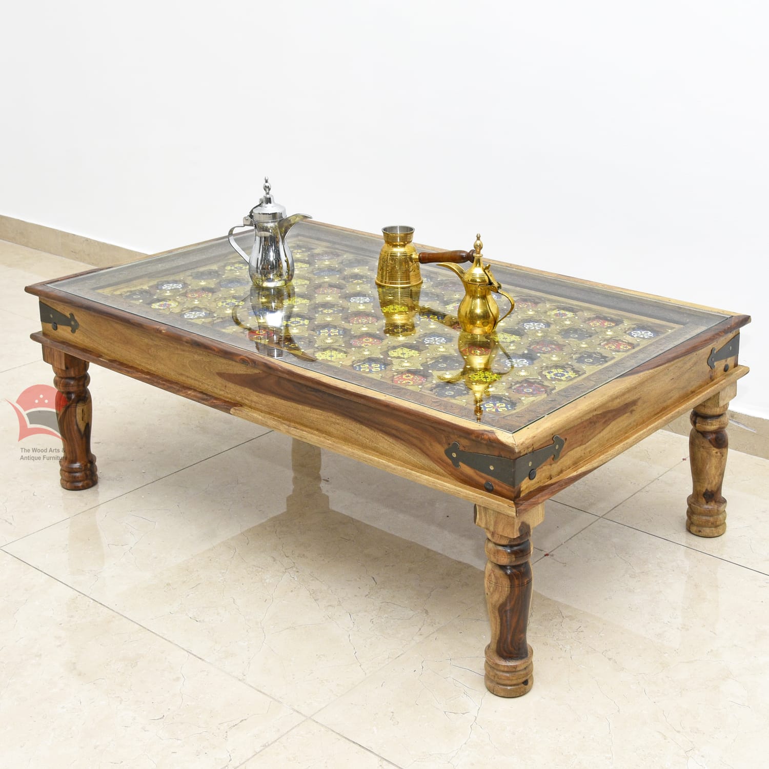 Indian Timber & Metal Inset Glass Top Coffee Table