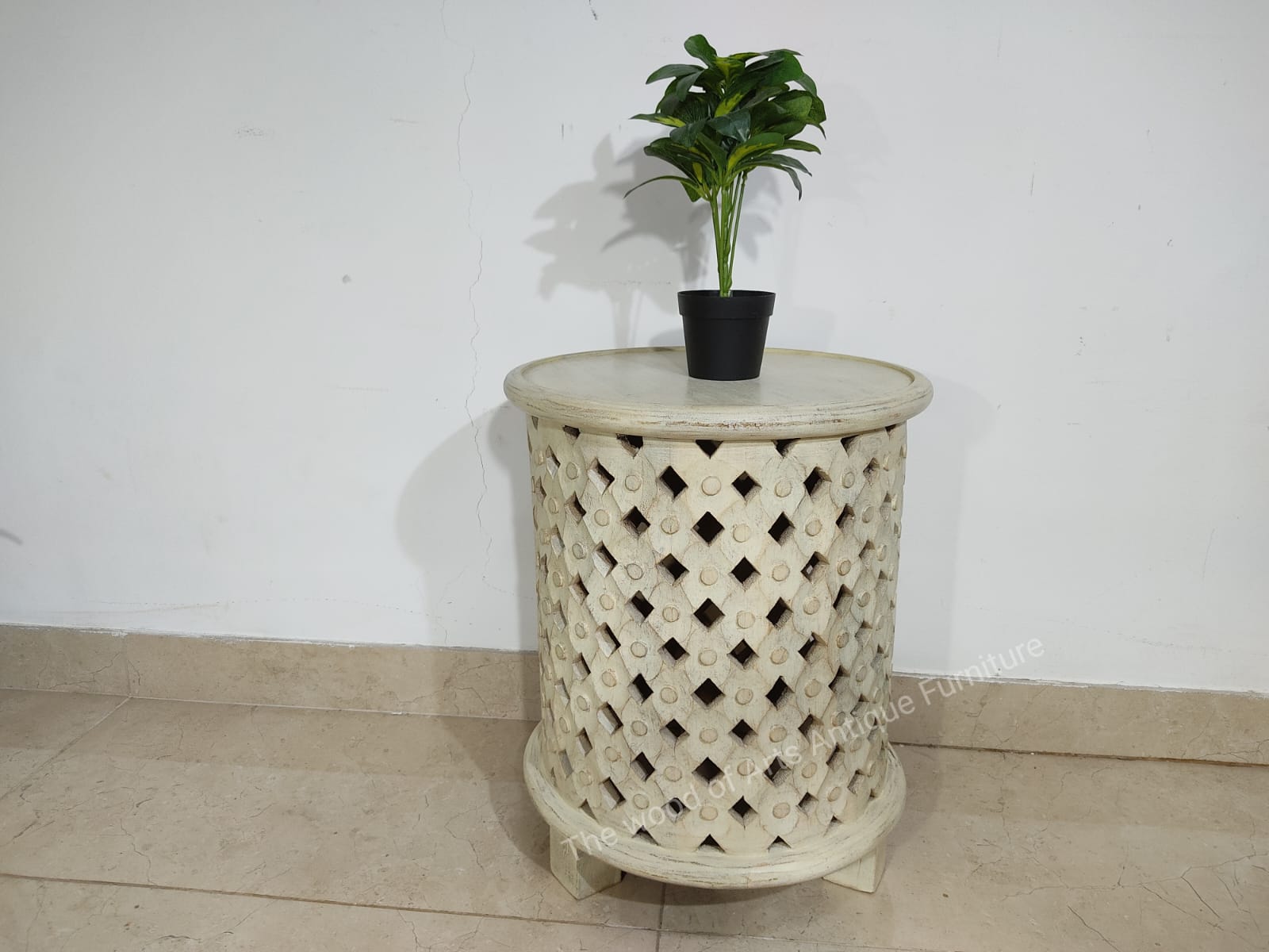 Carving Side Table White Finish CSTWF