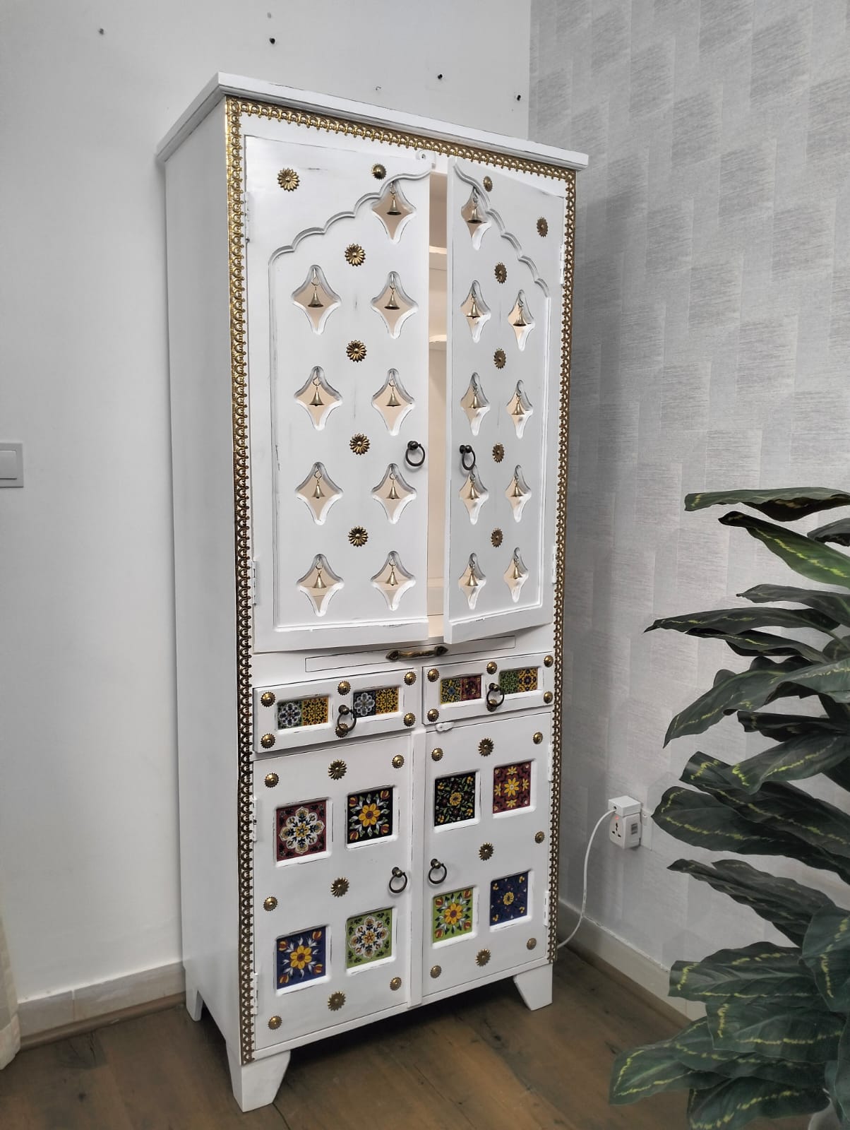 Pooja Temple with door & with tiles work in white color