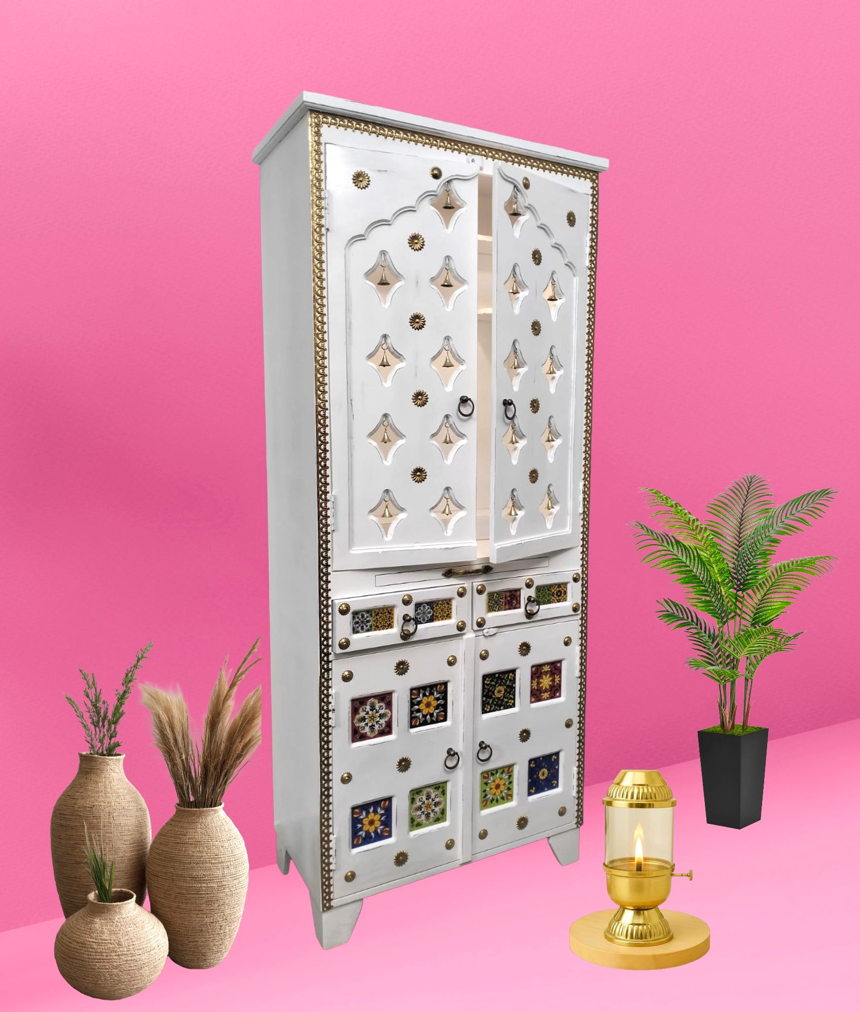 Pooja Temple with door & with tiles work in white color