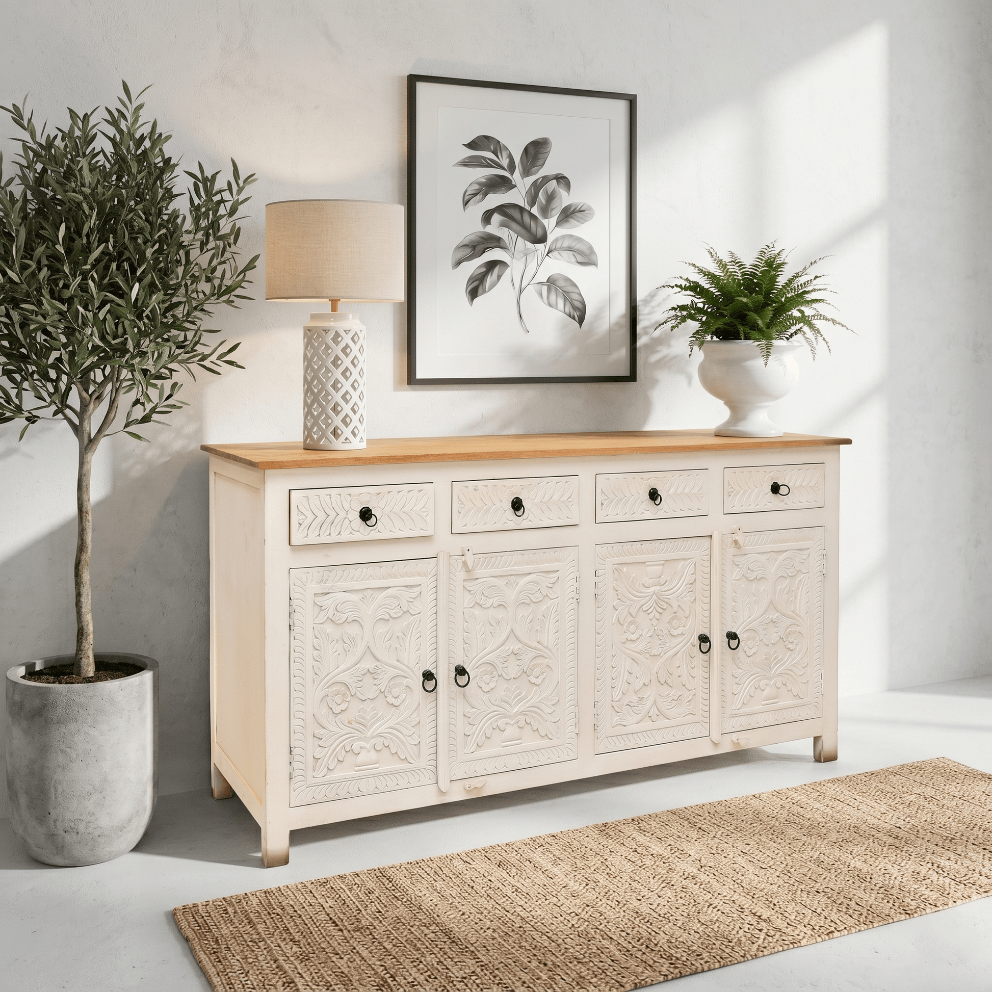 Elysia White Hand-Carved Sideboard cabinet – 4 Door 4 Drawer Storage Console