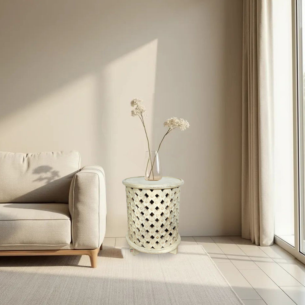 Carved Side Table White Finish – Handcrafted Accent Table