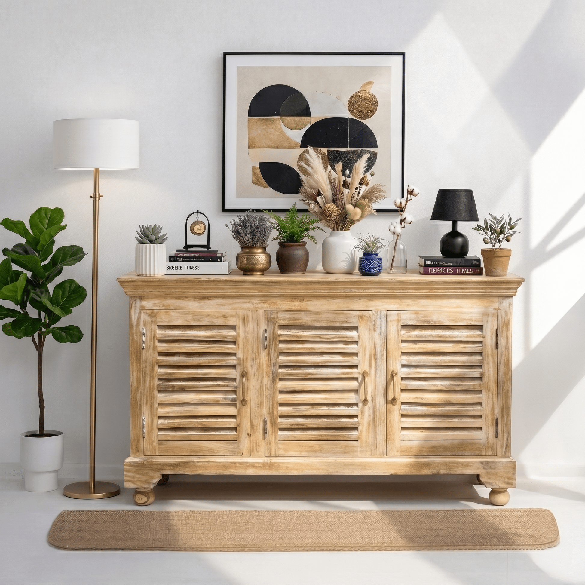 Farmhouse solid wood sideboard cabinet with louvered doors - rustic buffet console