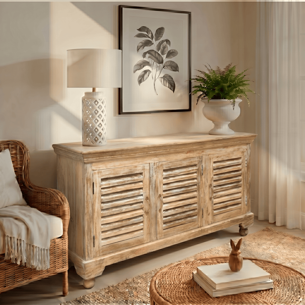 Farmhouse solid wood sideboard cabinet with louvered doors - rustic buffet console