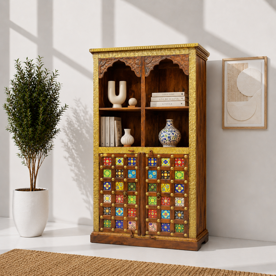 Solid wood ceramics tile fitted bookshelf with natural wood finish