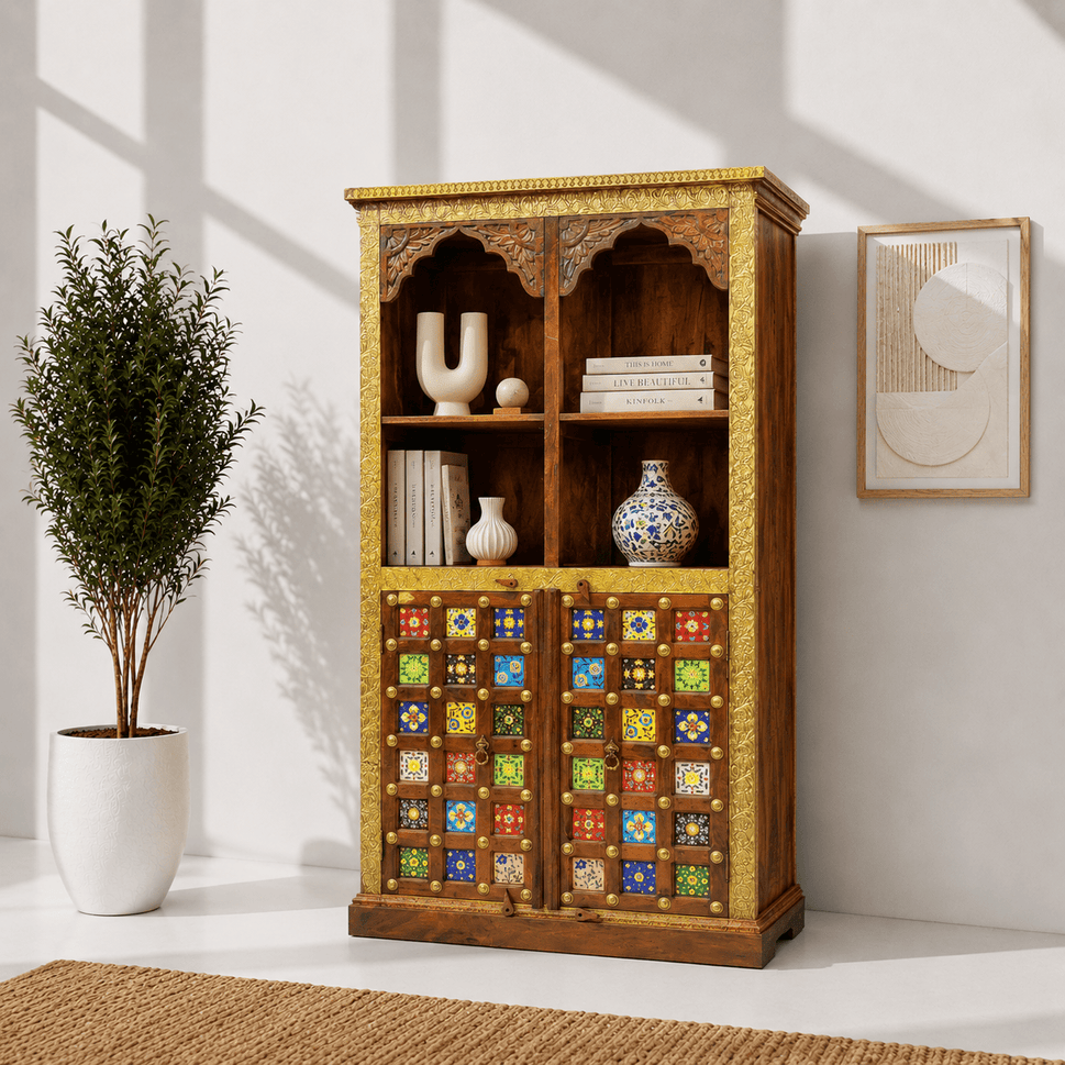 Solid wood ceramics tile fitted bookshelf with natural wood finish