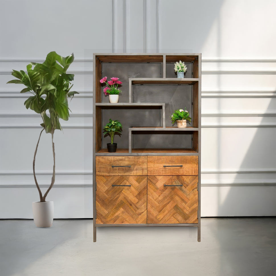 Wooden & metal display shelf with 2 drawer with 2 doors cabinet
