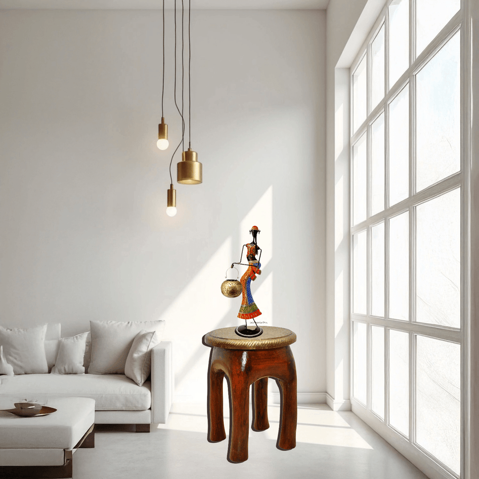 Handcrafted Brass Fitted Wooden Stool with Wood Color Finish | Dubai UAE