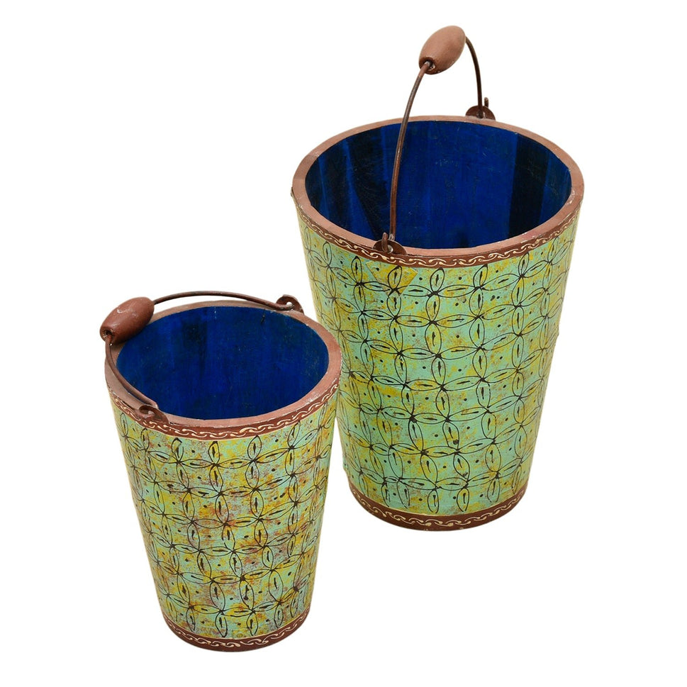 Solid Hardwood Bucket – 2 Pieces Set with Hand Painted Design
