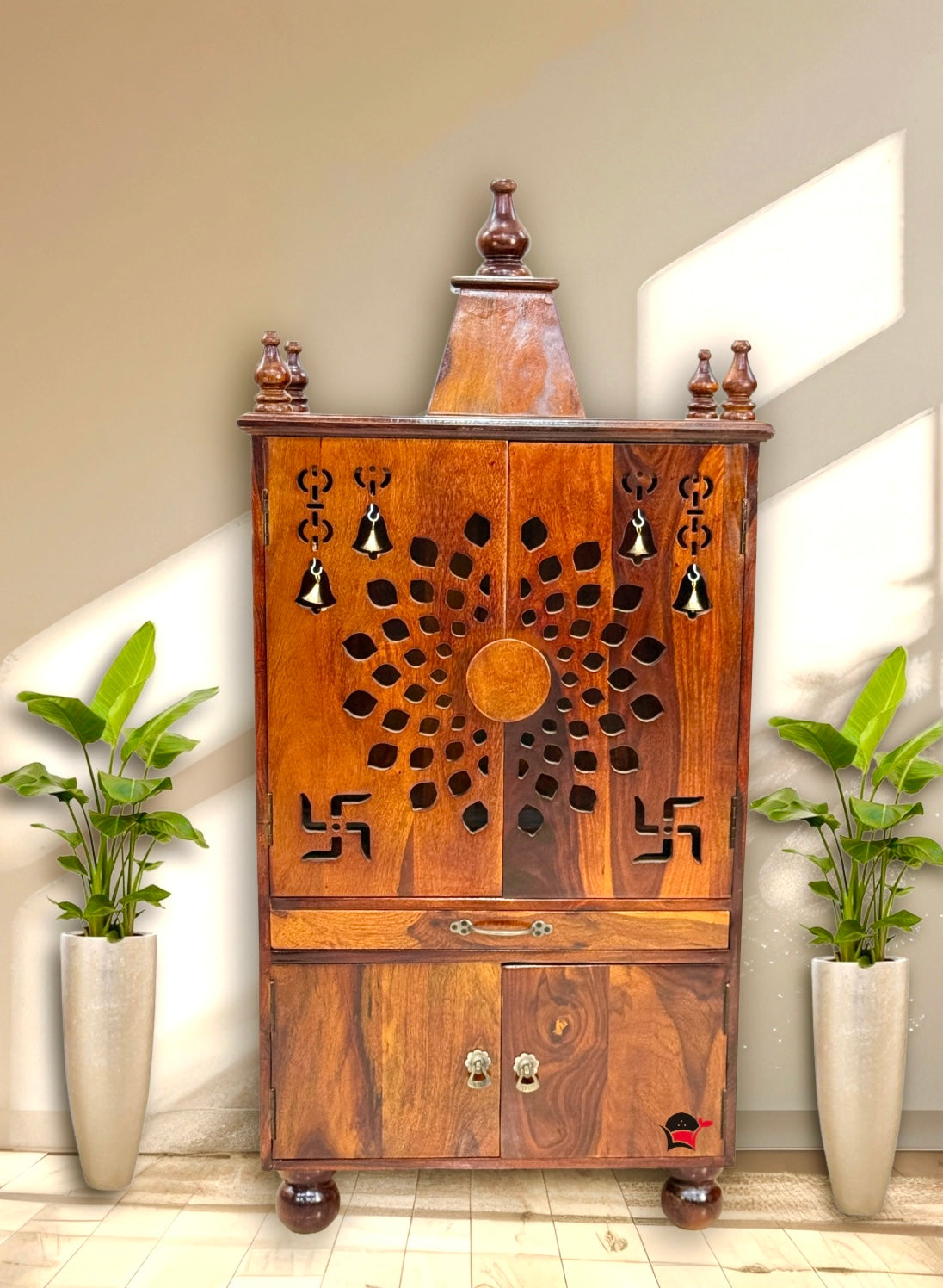 Wooden pooja home temple with door & storage box