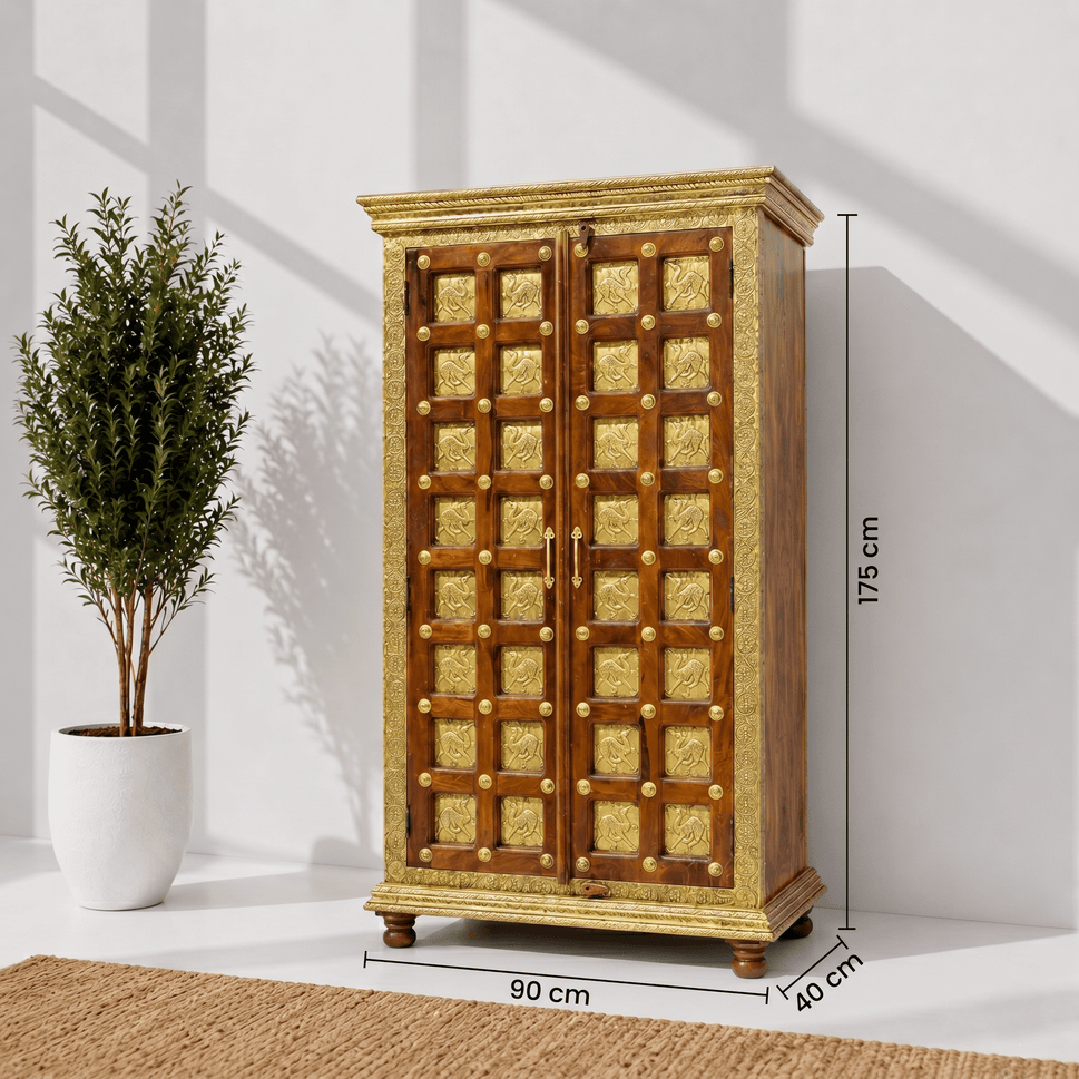Indian solid wood cabinet with 2 doors with brass fitted work
